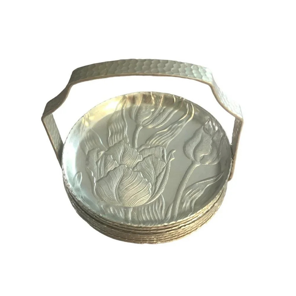 VINTAGE MCM Mid-Century Embossed Aluminum Tulip Floral Coaster Set of 8 w/Holder
